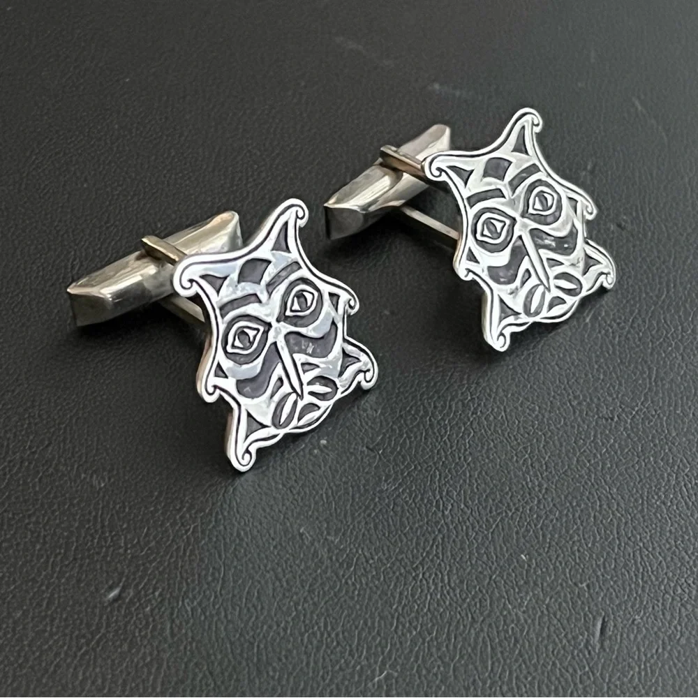 Vintage Mexican sterling silver and alpaca warrior mask mens cuff links